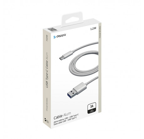 Deppa Alum USB Type-C - USB Type-C, алюминий/нейлон, USB 2.0, 3A, 1.2м, 1.2м, серебро, Deppa Кабель  DEPPA - chudovo-experts.ru – фото 1
