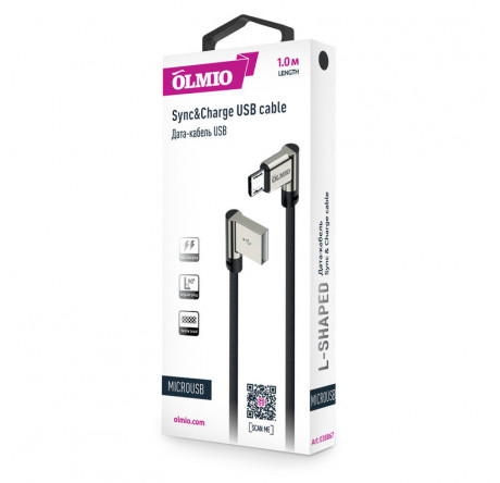 OLMIO 038867 USB 2.0 - microUSB, 1м, угловой, тканевая оплетка, цвет черный Кабель  PARTNER - chudovo-experts.ru – фото 1
